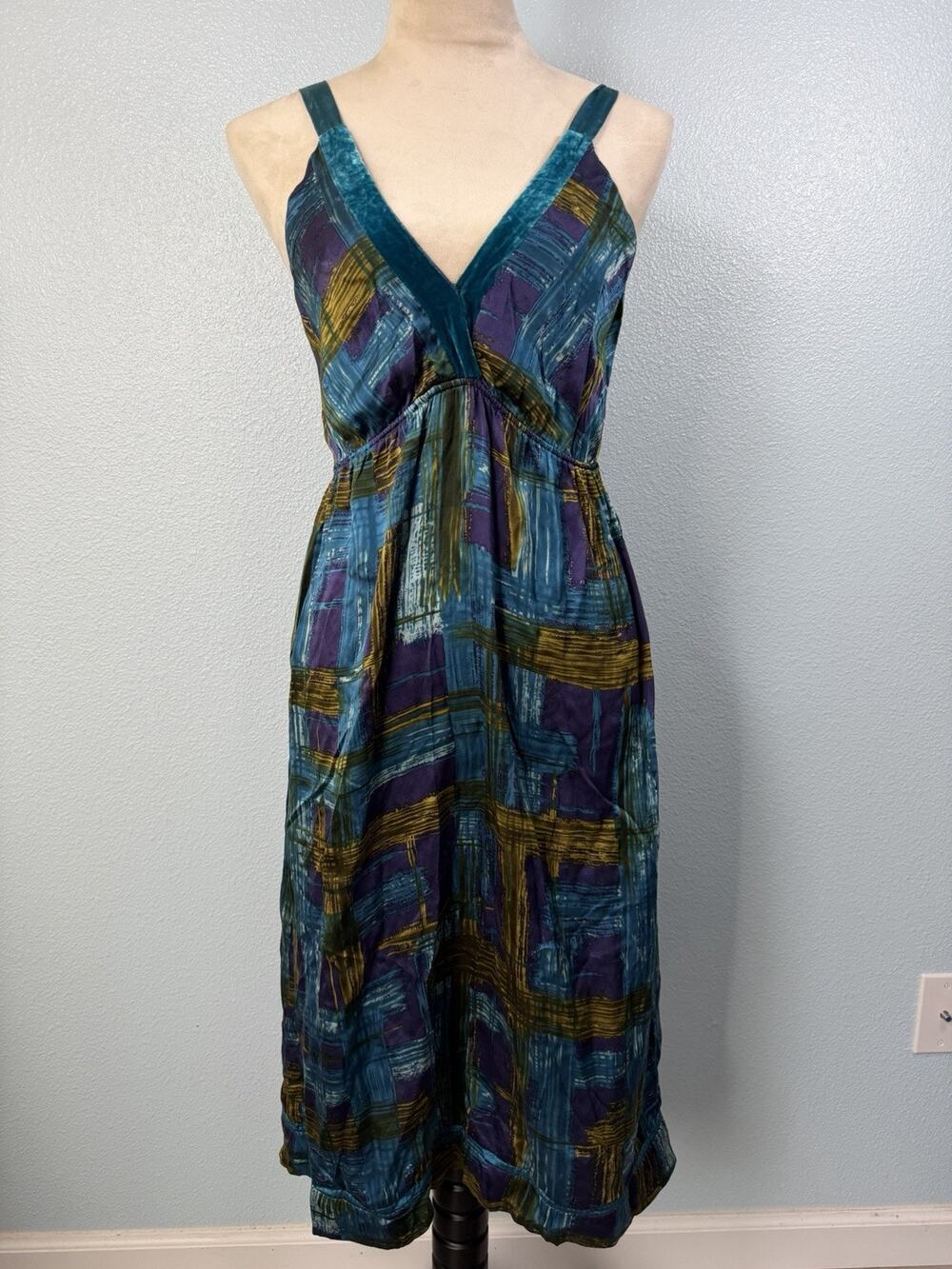 Hale Bob 100% Silk Dress M Teal Purple Velvet Trim Empire Waist Boho Y2K